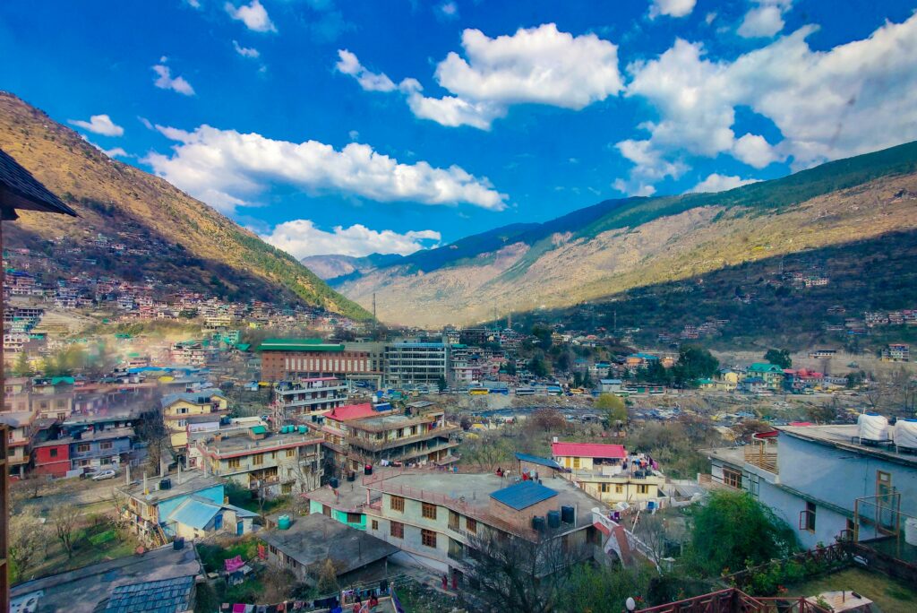 Panoramic view of Kullu city nestled in the Himalayas along the Beas River